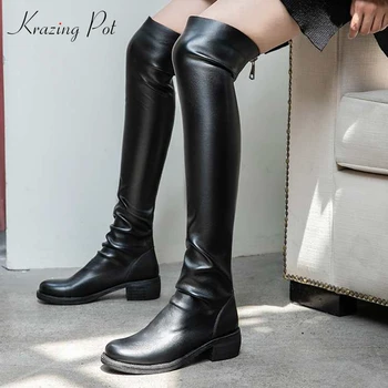 

krazing pot vintage genuine leather zipper med heels round toe punk superstar equestrian boots concise over-the-knee boots l27