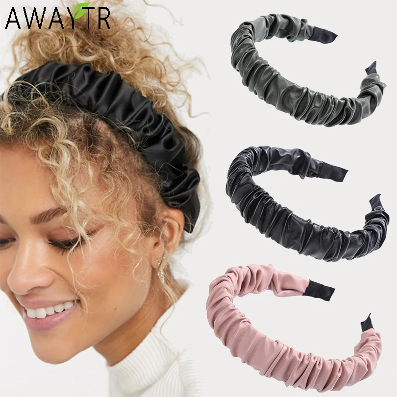 AWAYTR PU Folds Leather Hairband Solid Color Headband Bohemia Wide Girls Hair Hoop Bezel High Texture Accessories For Women |