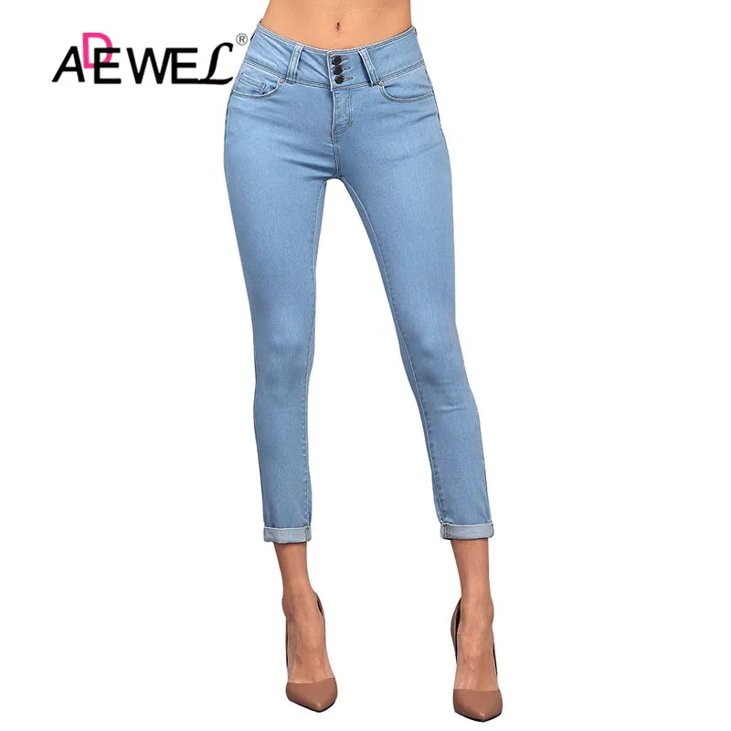 

ADEWEL BlacK Dark Blue Casual Pencil Pants Stretchy Skinny Women Jeans Medium Denim Cuffed Butt Lifting Skinny Jeans Streetwear