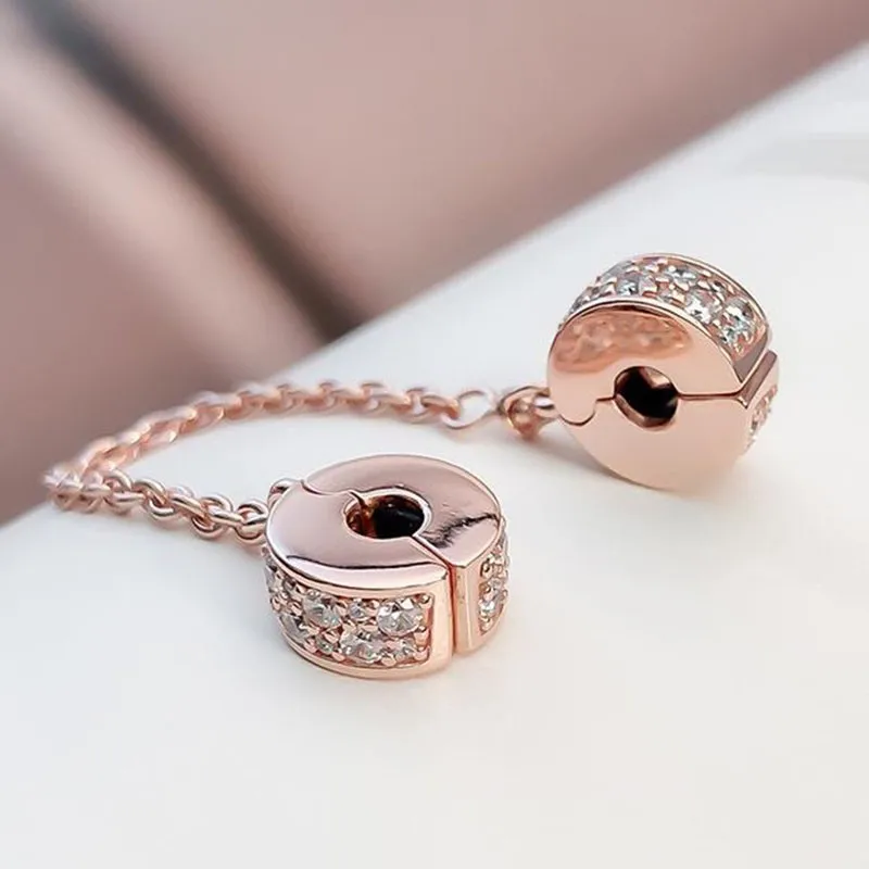 

100% 925 Sterling Silver Charm Fashionable And Shining Rose Gold Round Safety Chain Fit Pandora Bracelet Diy Jewelry