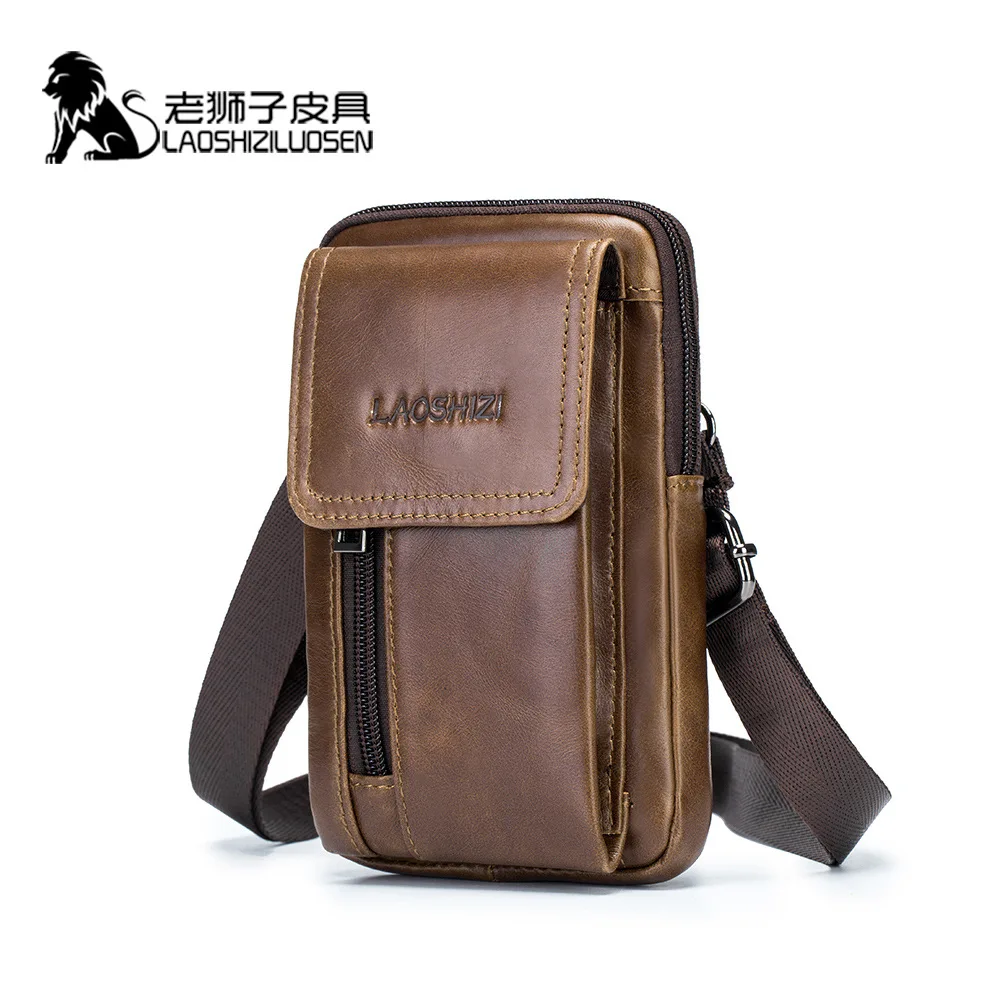 LAOSHIZI brand Men Genuine Leather Waist Pack Bag Mini Phone Pockets Case Coin Purse Male Money Bags Shoulder Messenger Bag