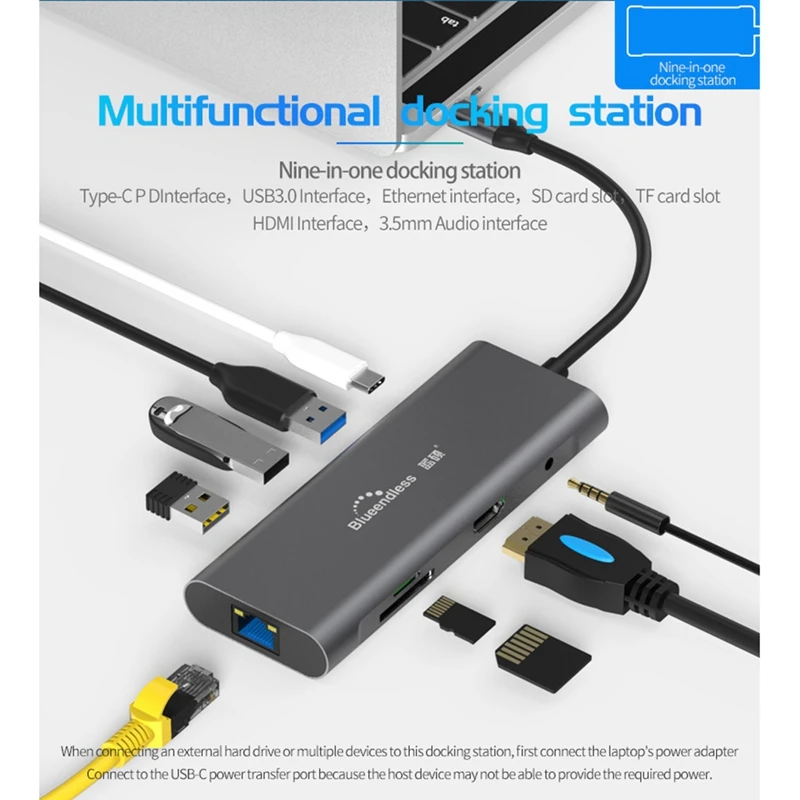 Blueendless Usb C концентратор адаптер 9 в 1 Usb C к Hdmi, 1000 Мбит/с Ethernet Lan порт, 3,5 мм Aux, 3X Usb 3,0, Tf/Sd кард-ридер для Ma