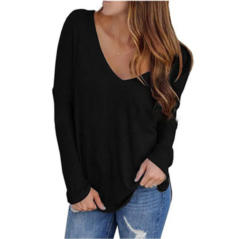 

2019 Women Autumn winter Waffle Cotton Leisure V Neck Long Sleeve T-shirt Loose Sexy feminina T Shirts Female Plus Size Tops 2XL
