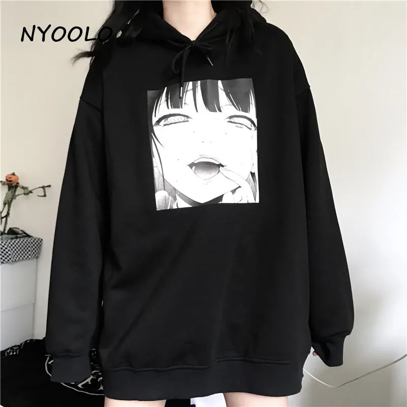 NYOOLO Harajuku style girl print Loose warm fleece hoodies Autumn winter street long sleeve hooded pullovers Sweatshirt women - Цвет: Черный