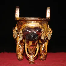 

5"Chinese temple collection Old Bronze Liuli colored glaze Three Elephant Nose Foot incense burner Binaural Town House Exorcism