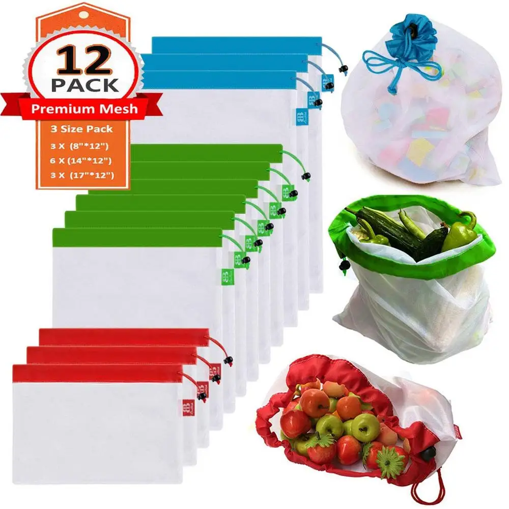 

Reusable Mesh Produce Bags 12Pack Washable Premium See Through Lightweight Mesh Bags Shopping Storage Mesh Bags
