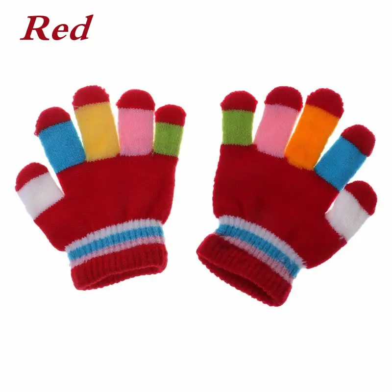 1 пара, детские перчатки, полный палец, теплые зимние, цветные, в полоску, вязаные, для мальчиков и девочек, одноцветные, эластичные, D08C - Цвет: Red