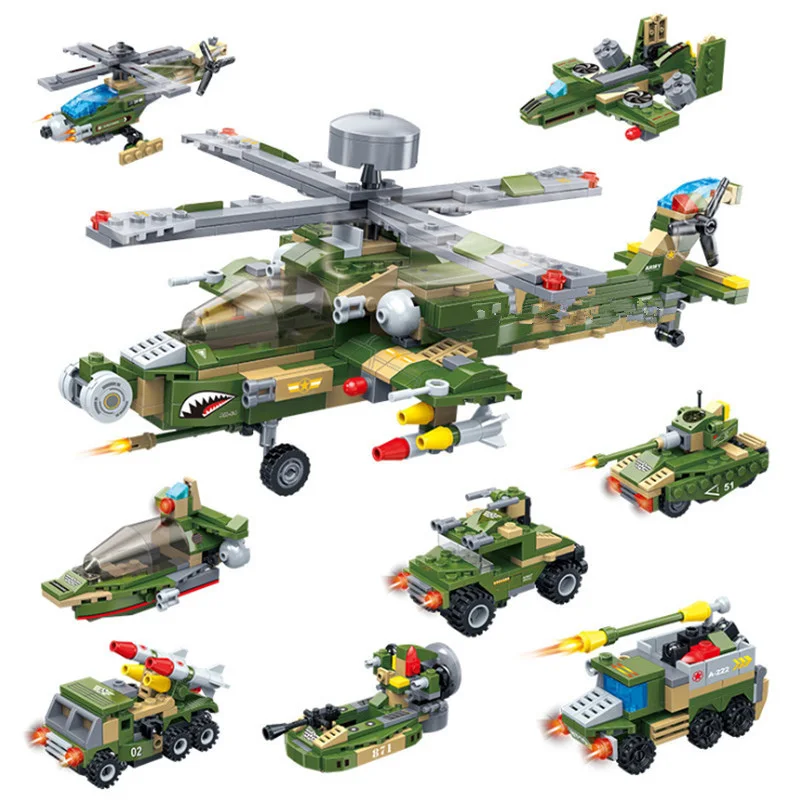 

648pcs 8in1 military robot helicopter building blocks fighter attack armor boat truck tank Toy for kids compatible legoingly
