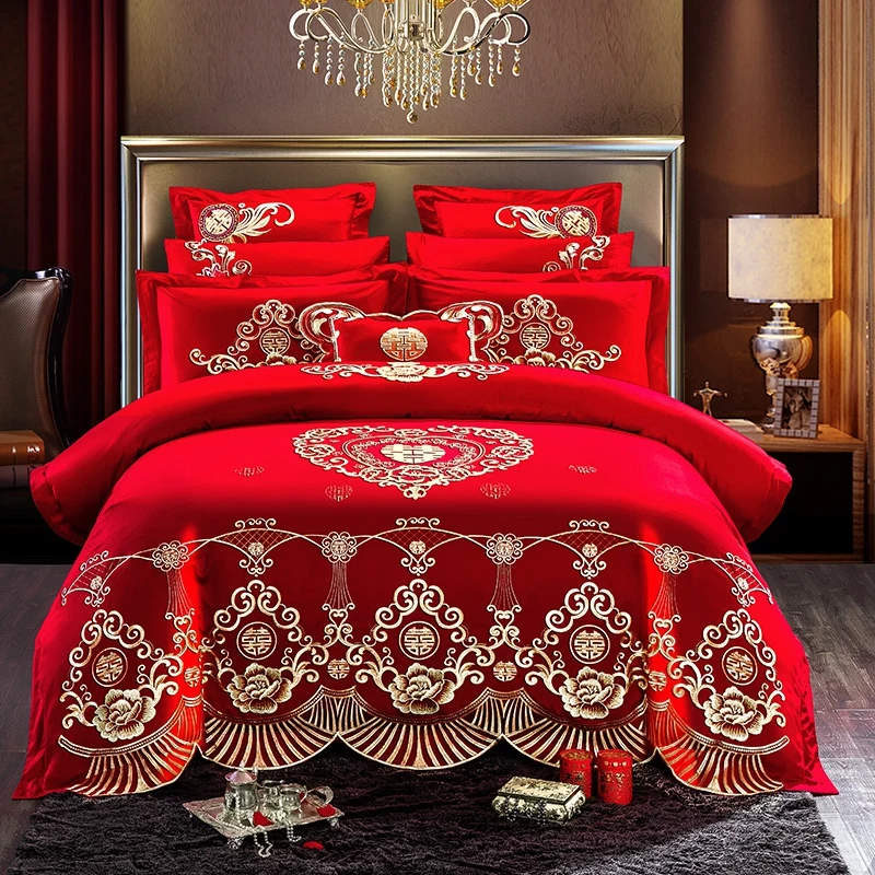 Обложка для постели атласная Вышивка постельное белье красное постельное покрывало из хлопка праздничный пододеяльник, наволочки для подушек, queen King Размеры