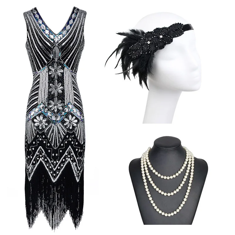 black-set С верхней частью в виде крыльев Размеры 1920s Хлопушки платье Великий Гэтсби Вечерние вечернее блестящее Расшитое Бисером И Бахромой Винтаж V образным вырезом Для женщин платья - Цвет: black-set