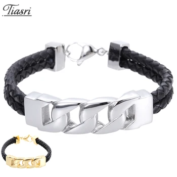 

Tiasri Mens Fashion Handmade Genuine Leather Bracelet Stainless Steel Curb Cuban Bangle on the Hand Punk Style Jewelry Gift 15mm
