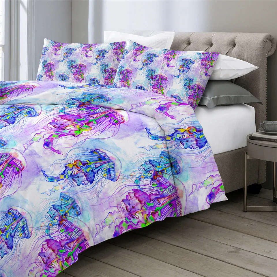 BeddingOutlet Комплект постельного белья с морской Медузой, акварельный пододеяльник, океанское морское одеяло с изображением животных, фиолетовое синее покрывало, 3 предмета