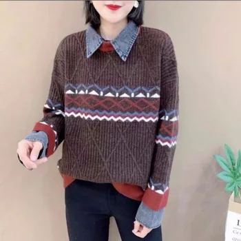 

Korean Sweater Jean Collar Stitching Winter Rhombus Korean Loose Fashion Temperament Pullover