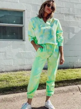 

2PCS/Set Tie Dyed Women Tracksuit Long Sleeve Sweatshirts + Pants Casual Pajama Sets Woman Clothes