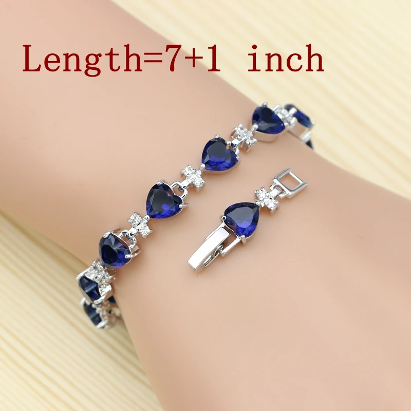 925 Silver Jewelry Set For Women Engagement Gift Blue Stone White Pearl Heart Shape Bracelet Necklace Pendant Earrings Open Ring - 5