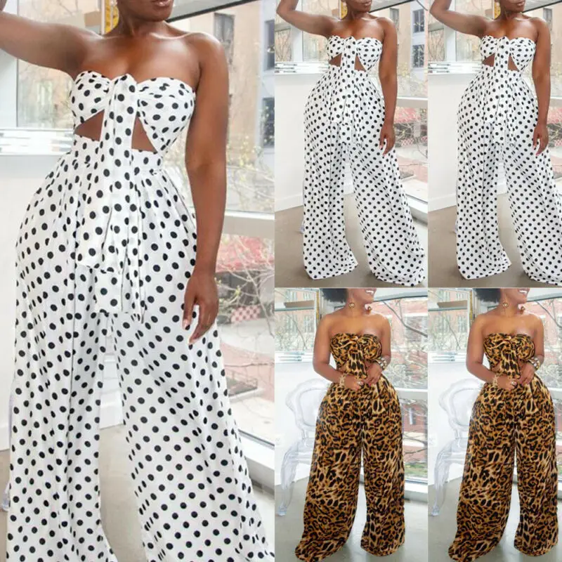 

New Style Women 2 Piece Set Outfits Short Sleeve Top Pants Set Casual High Waist Dot Bandage Strapless Rompers Fashion Hot 2019