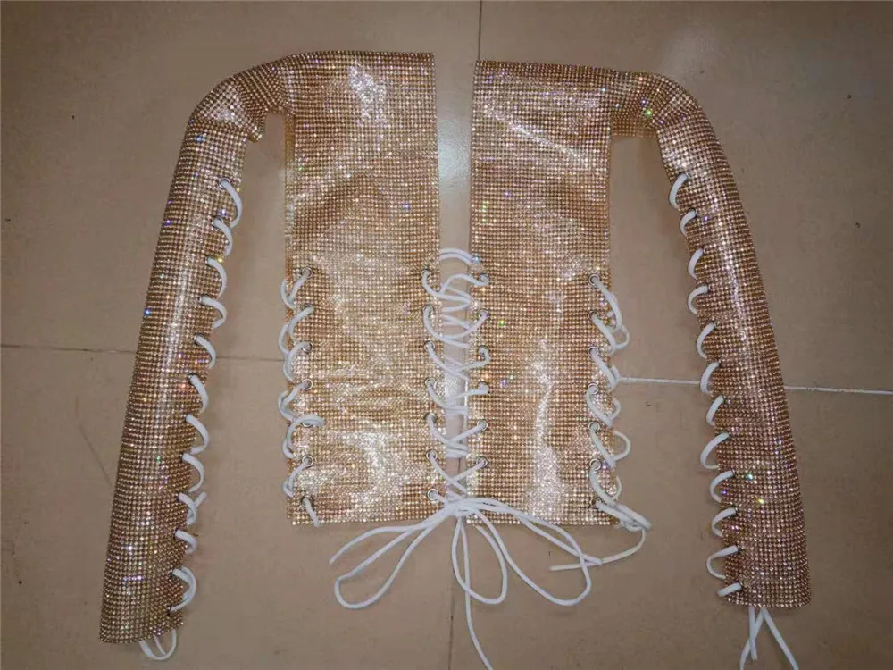 Gold Long Sleeve Сексуальный топ на бретелях с кристаллами и бриллиантами, женский летний топ, Прозрачный блестящий топ для ночного клуба, вечерние свободные длинные топы с открытой спиной - Цвет: Gold Long Sleeve