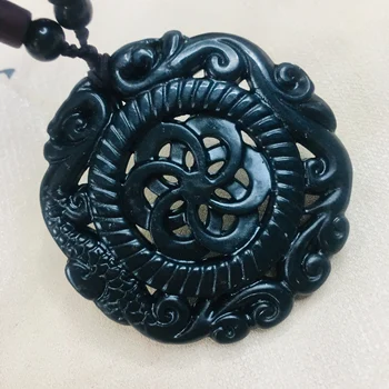 

Jewelry Pure Natural Black Jade Carved Openwork Flower Pendant Necklace Jewelry for Men and Women