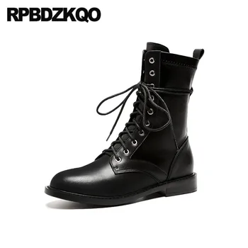 

genuine leather fur round toe front lace up casual ankle boots autumn flat women military winter black british 9 shoes combat