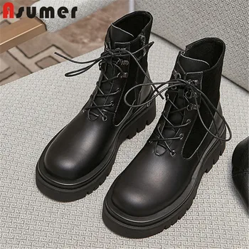 

Asumer 2020 new arrivel vintage Motorcycle boots women genuine leather shoes cross tied punk platform shoes woman ankle boots