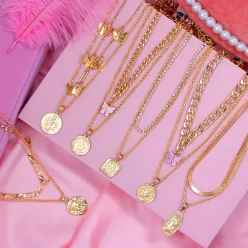 

Trendy BOHO Gold Necklaces For Women Multilayer Portrait Coin Pendants Necklace Butterfly Chokers New 2021 Vintage Charm Jewelry