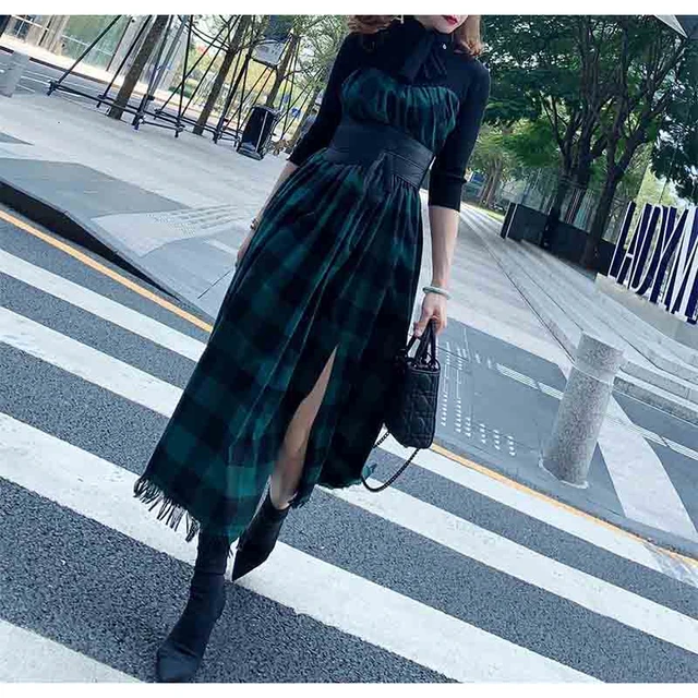 Fake Two Pieces Gothic Long Dress Bow Scarf Collar Green Black Plaid Vintage Maxi Dresses Women's Women's Clothing