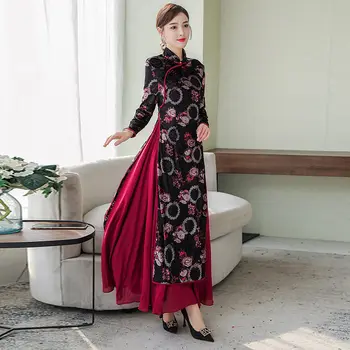 

Fall 2020 Velvet Mom Dress Eelegant Cheongsam Fashion Ladies Retro Chinese Style Print Spliced Dress For Party And Wedding y602