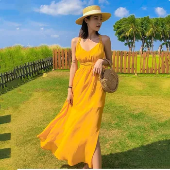 

Real shot bohemian beach vacation beach dress 2019 new fashion yellow strapless casual sexy backless dress