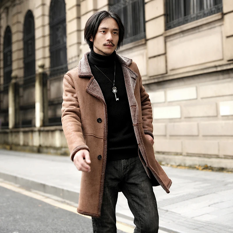 Europe and the United States plus velvet thick long leather men's winter slim lamb fur fur motorcycle jacket size M-5XL