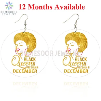 

SOMESOOR Printed 12 Months Birth Black Queen Wooden Drop Earrings Afro Golden Natural Hair Art Designs Jewelry For Women Gifts