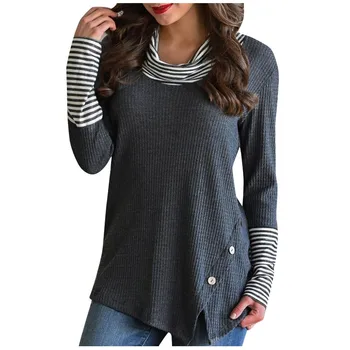 

High Quality Women's Shirt dress women long Womens Splice Stripe Button Long Sleeve Cowl Neck Knit Lady Pullover Tops Blouse