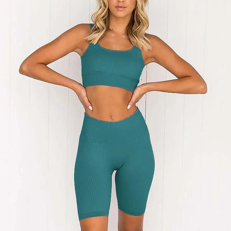 2 Piece Set Women Dark Green Yoga Sets Ribbed Seamless Sports Set Gym