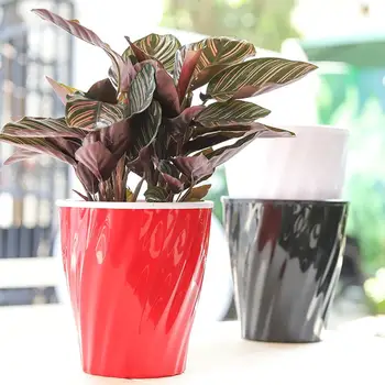 

1PC Wavy Design Flower Plant Pot Automatic Absorbing Water Resin Table Planter Double Layer Home Office Decor Planter