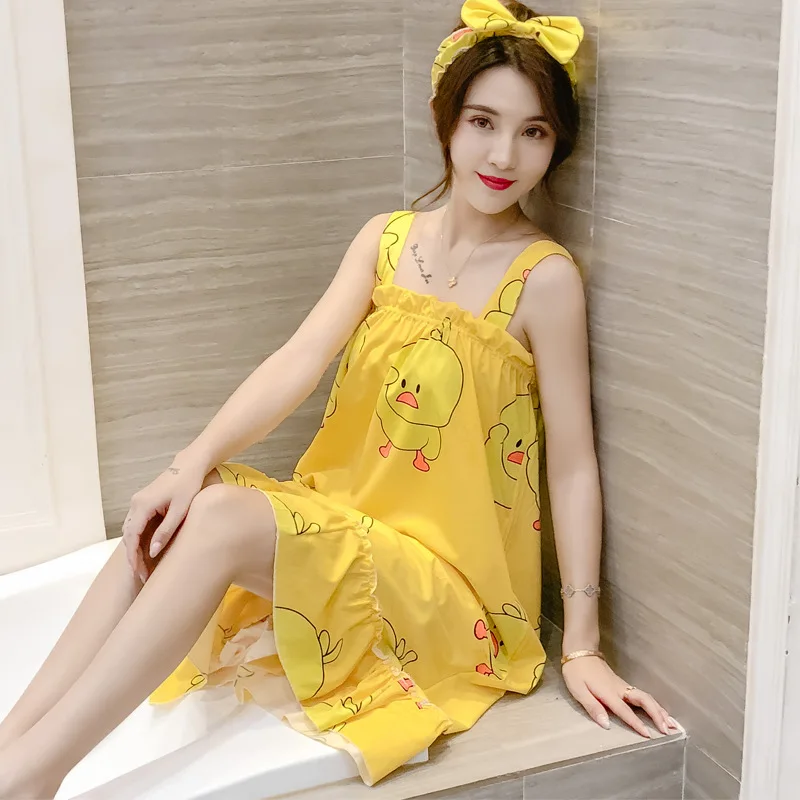

New Style Sleeveless Wide Shoulder Nightgown Women's Summer Pure Cotton Cute Spring And Autumn Pajamas Summer Sexy Camisole Full