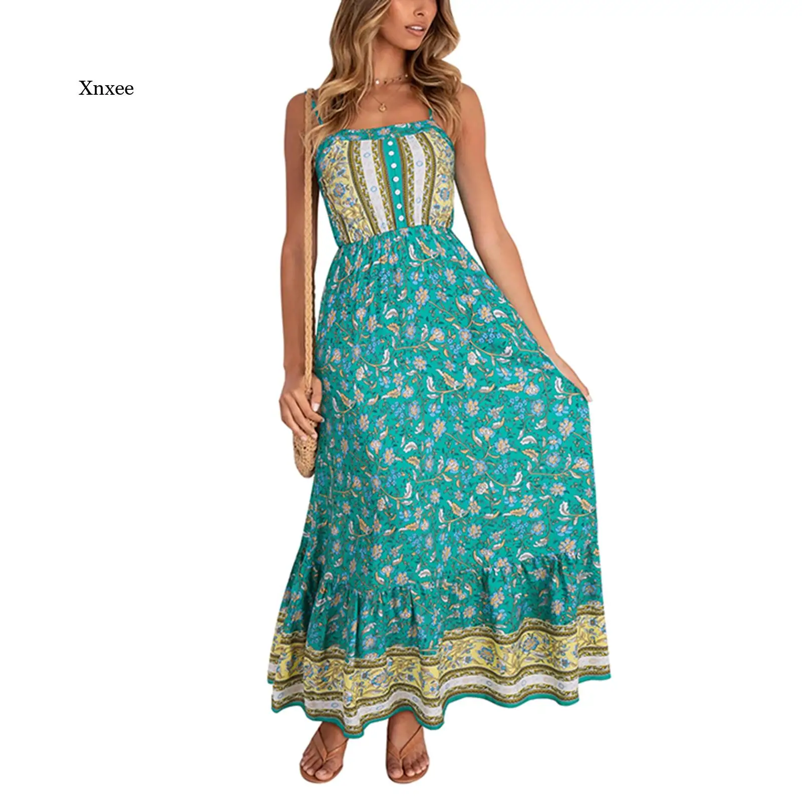 

2021 Summer Boho Robe Floral Print Long Dress Women Casual Sleeveless Sexy Beach Holiday Maxi Sundress Button Vestidos Clothing