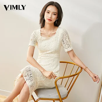 

Vimly Elegant Women Summer Apricot Black Lace Dress Office Ladies Vintage Square Collar Party Dresses Female Dresses Vestidos