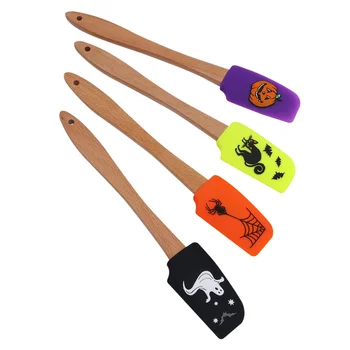 

4pcs Halloween Wooden Handle Silicone Scraper Cream Spatula Baking Gadget Baking Supplies Kitchen Utensil for Home Bakery