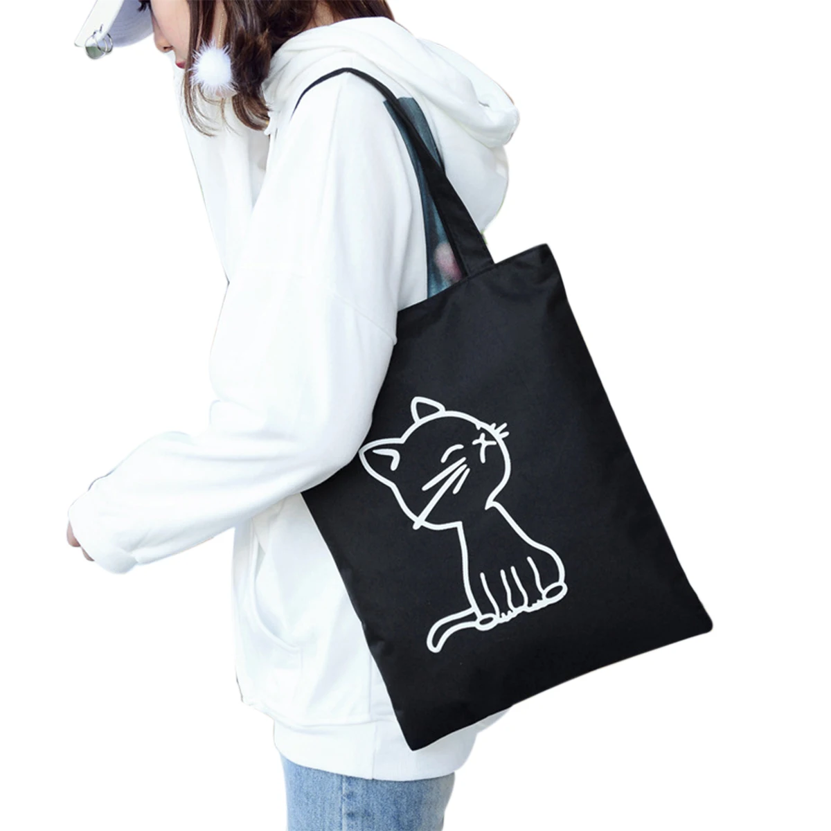 

Korean Style Machine Washable Canvas Tote Bag Cat Pattern Large Capacity Shopping Handbag Reusable Shoulder Bag