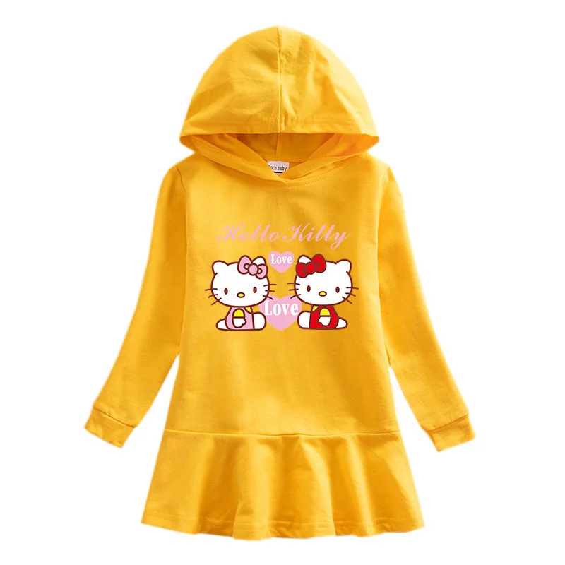 thumbnail image 1 of Hello Kitty primavera y otoño nuevos niños vestido suéter con capucha niña lindo dibujos animados dulce señora falda bebé algodón vestido cómodo, 1 of 5