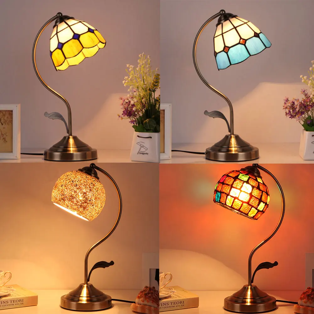 Vintage Tiffany LED Table Lamp for Bedroom E27 Baroque Metal LED Table Light Mosaic Stained Glass Bedside Lamp for Home Decor