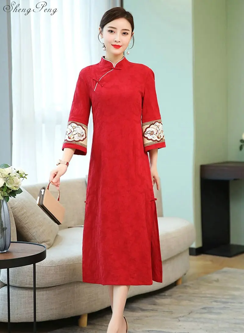 Женское платье чонсам, Восточный стиль, платье Ципао, vestidos, свадебное, вечернее платье с вышивкой, вечернее платье V1805