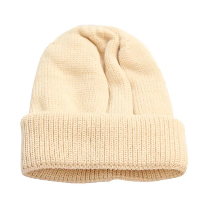 Adults Kids Winter Windproof Warm Knitted Round Top Skull Cap Solid Color Casual Adjustable Brimless Roll Up Cuffed Beanie Hat