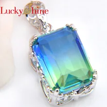 Luckyshine зеленый прямоугольник BI-COLORED турмалин кристалл циркония 10*14 мм Винтаж серебро Женская мода кулон+ цепь