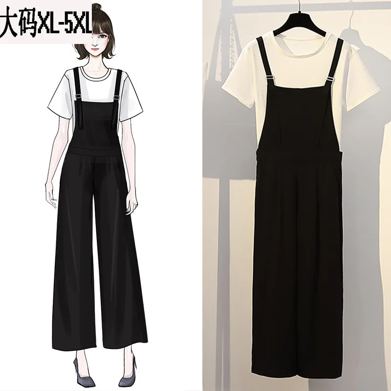 

Large Size Dress 2019 Summer New Style Simple by Age Wide-Leg Suspender Pants Versatile Short Sleeve T-shirt Two-Piece Set WOMEN