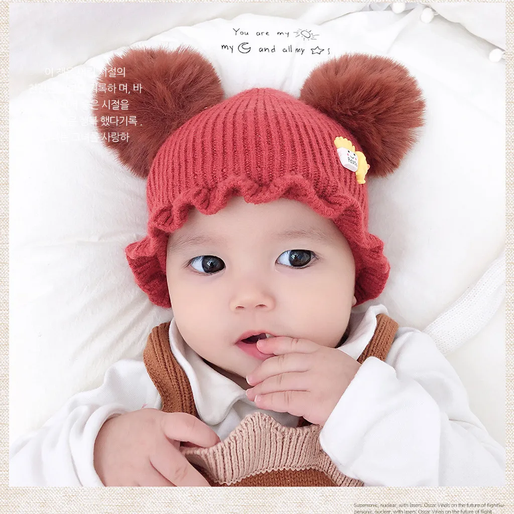 Solid Colors Pattern fashion Baby Hat Winter Keep Two Bear Ears Baby Cap Warm Knit Hat Scarf Set Children Cartoon Cute Wool Hat