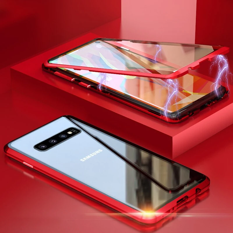 red Магнитный флип-чехол для телефона samsung S10 S10E Plus Note 10Pro A20 A30 A50 M30S двухсторонние противоударные телефонные чехлы из закаленного стекла - Цвет: red