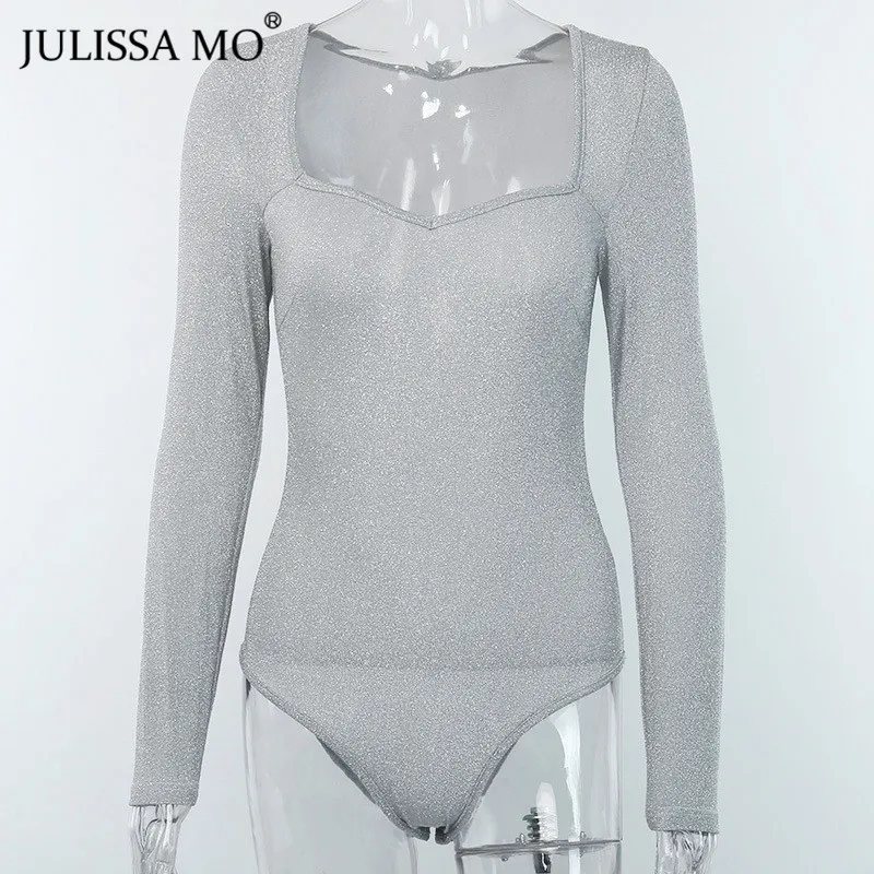 gray Julissa mo серебристый блестящий сексуальный боди для женщин без бретелек с длинным рукавом обтягивающее тело Осень Зима повседневные Комбинезоны женские s комбинезоны - Цвет: gray