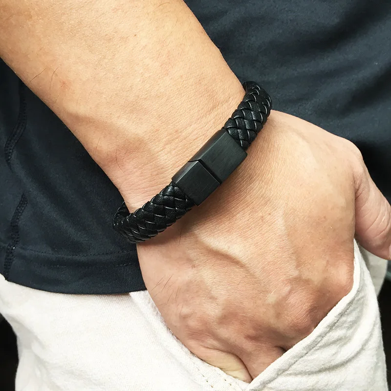 Модные черные плетеные кожаные браслеты в стиле панк, персонализированные браслеты с магнитной пряжкой, образец браслета, ювелирные изделия ручной работы для мужчин