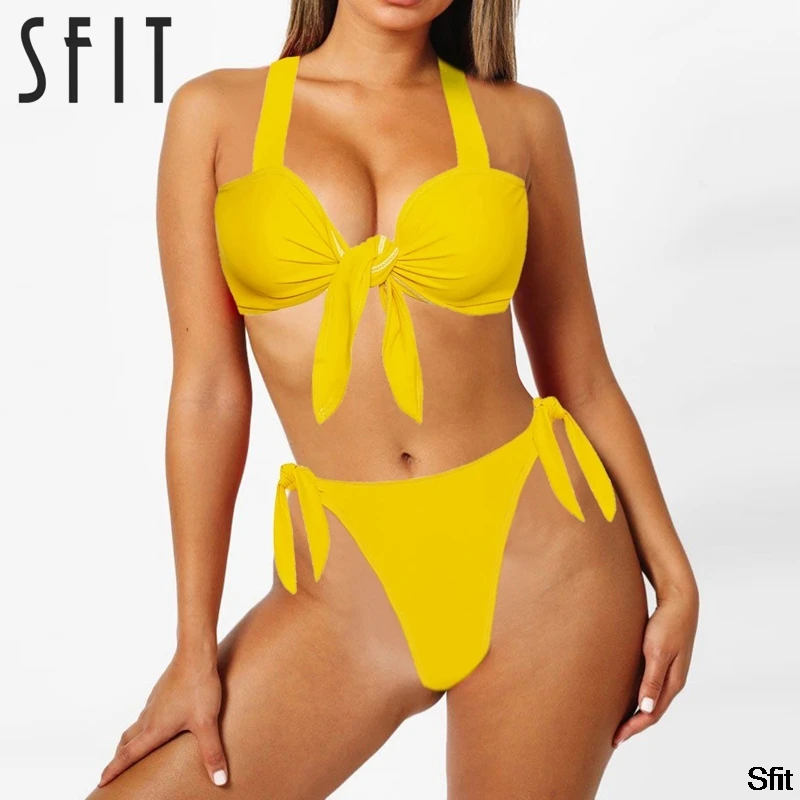 

Sfit Halter Bikini Swimwear Solid Color Split Swimsuit Top Sexy Tie G String Swimsuits Bikini Bottoms High Waist Hipster