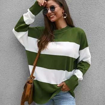 

Women Sweaters Autumn Fashion Wholesale Pullover Jumper Knitted Sweater Round Neck Long Sleeve Striped Pattern Casual Sweater hc